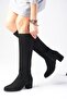 Black Color Suede Side Zipper, Thin Faux Fur Lined Women's Heeled Boots