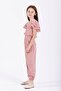 Crew Neck Lacquer Elastic Dusty Rose Color Girl's Double Suit - 2