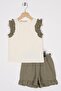 Crew Neck Zero Sleeve Ruffle Shorts Ecru Khaki Color Girls' Double Set