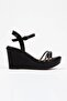 Women's Summer Black Wedge Heeled Stone Embroidered Sandals - 3