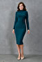 Long Sleeve Stretchy Sandy Fabric Stand Collar Side Drawstring Detail Midi Size Emerald Green Dress 10941 - 6