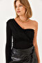 Women's Black Draped Detailed One-Shoulder Buzi Fabric Blouse 60251848 - 3