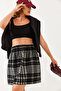 Women's Black Gipe Detailed Plaid Mini Skirt 0169 60251858 - 3
