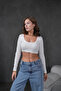 Women's Ecru Open Collar Long Sleeve Ribbed Knitted Crop Blouse 28209 - 3