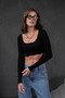 Women's Black Open Collar Long Sleeve Ribbed Knitted Crop Blouse 28209 - 4