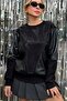 Oversize Loose Cut Leather and Crystal Stone Detailed Plus Size Three Thread Cotton Comfortable Stylish Black Women's Sweatshirt - 2
