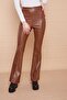 Ecological Faux Leather High Waist Front Back Stitched Flared Trousers -Tan - 3