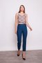Women's High Waist Buttoned Pipe Leg Fabric Trousers with Stitched Waistband on the Front - Petrol