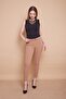 Thick Belted Lycra Ankle-Length Fabric Trousers with D Buckle -Camel - 2