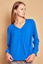 V-Neck Pleated Collar Long Sleeve Lycra-Free Stylish Shirt Fabric Comfortable Cut Blouse-Sax - 4