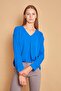 V-Neck Pleated Collar Long Sleeve Lycra-Free Stylish Shirt Fabric Comfortable Cut Blouse-Sax - 3