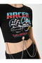 Crop T-Shirt Racing Themed Printed Chain Detail Slim Fit Crew Neck - 5
