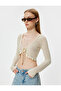 Knitted Crop Cardigan with Lace Detail and Long Sleeves - 3