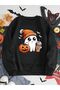 Halloween Ghost Front Printed Black Oversize Hooded Sweatshirt - 2