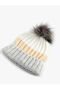 Color Blocked Pompom Knitted Beanie - Fold Detailed - 2