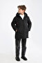Boy's Black Fiber Hooded Windproof Puffer Winter Jacket - 3