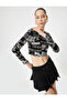 Long Sleeve Printed Crop T-Shirt Crew Neck Slim Fit