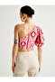 X Melis Ağazat - One-Shoulder Balloon Sleeve Crop Blouse with Ethnic Pattern Slim Fit - 4