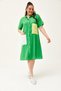 Women's Large Size Colored Linen Green Shirt Dress with Pocket Detail