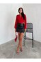 Women's red Sandy fabric V-neck balloon sleeve blouse - 5