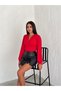 Women's red Sandy fabric V-neck balloon sleeve blouse
