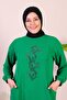 Women's Large Size Top and Bottom Set with Pockets and Stone Embroidery Green - 3
