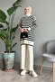 Shirt Collar Striped Ecru Knitwear Set
