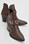 Kenda Brown Leather Women's Thick Heeled Boots with Back Zipper and Buckle