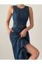Midi Length Blue Dress with Zero Sleeve Belt Detail - 2