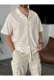 Beige Leaf Embroidered Short Sleeve Shirt V-40-881 - 5