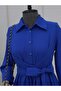 Half button front cross tied linen dress -sax - 3