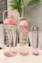 3-Piece New Transparent Motivational Unscented Stickered Sports Water Bottle Flask with Straw Portable Water Bottle Pink