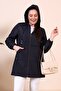 Women's Zippered Large Size Elastic Sleeve Trenc Dark Blue - 4