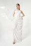 Women's White Chest Draped Slit Glitter Evening Dress - 3