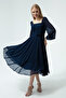 Women's Navy Blue Square Collar Belted Midi Chiffon Evening Dress