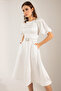 Women's White Balloon Sleeve Stone Belted Mini Satin Evening Dress - 3