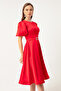 Women's Red Balloon Sleeve Stone Belted Mini Satin Evening Dress - 2