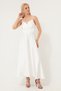 Women's White Rope Strap Waist Belted Satin Midi Evening Dress & Graduation Dress - 2