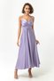 Women's Lilac Rope Strap Waist Belted Satin Midi Evening Dress & Graduation Dress - 3