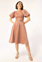 Women's Powder Balloon Sleeve Stone Belted Mini Satin Evening Dress - 3
