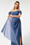 Women's Indigo Boat Neck Draped Slit Long Silvery Evening Dress - 4