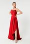Women's Red Flounce Slit Satin Evening Dress & Graduation Dress - 3