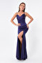 Women's Navy Blue Strappy Slit Long Satin Evening & Graduation Dress