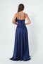 Women's Navy Blue Satin Long Evening Dress & Graduation Dress with Rope Straps and Waist Belt - 5