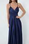 Women's Navy Blue Satin Long Evening Dress & Graduation Dress with Rope Straps and Waist Belt - 3