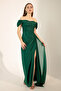 Women's Emerald Green Boat Neck Draped Slit Long Silvery Evening Dress - 3