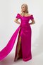 Women's Fuchsia Boat Neckline Long Satin Evening Dress & Graduation Dress - 4