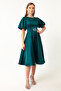 Women's Petrol Balloon Sleeve Stone Belted Mini Satin Evening Dress - 2