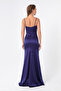 Women's Navy Blue Strappy Slit Long Satin Evening & Graduation Dress - 5
