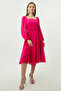 Women's Fuchsia Square Neck Belted Midi Chiffon Evening Dress - 2